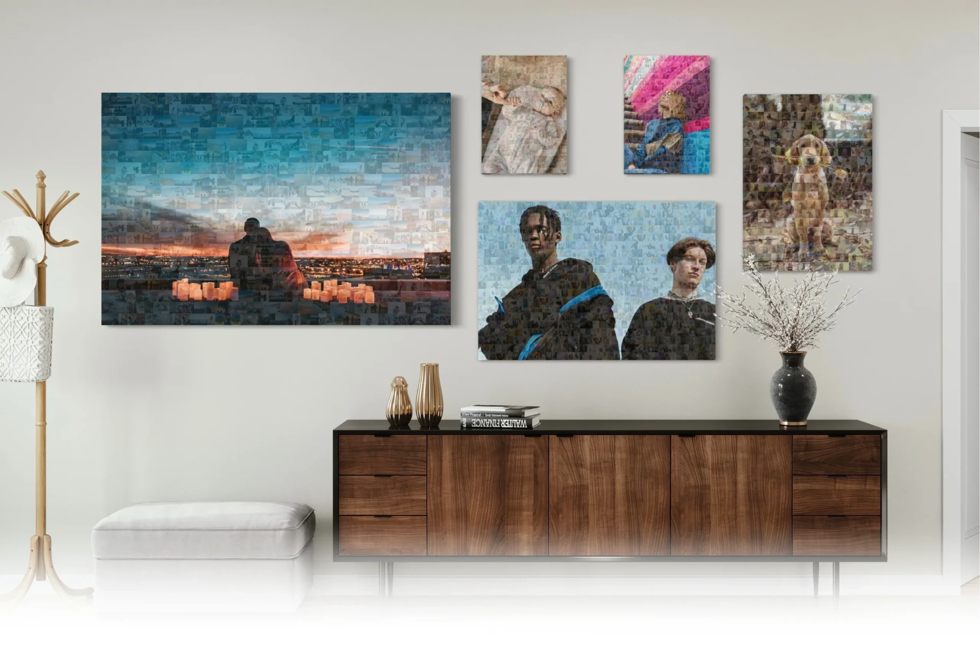 Fotomosaik Wandbilder in einem modernen Wohnzimmer